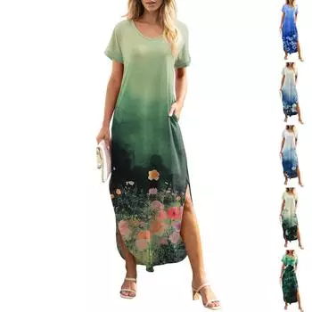 Женское летнее повседневное свободное пляжное платье макси с коротким рукавом и цветочным принтом L армия зеленый