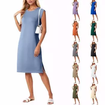 Женское летнее повседневное свободное пляжное платье с круглым вырезом и карманами M бежевый