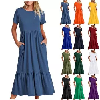 Женское летнее повседневное свободное свободное платье с коротким рукавом и круглым вырезом, струящееся многоуровневое пляжное платье макси с карманами L