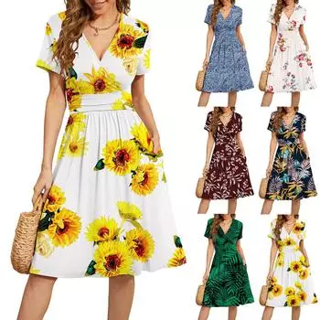 Женское летнее повседневное свободное удобное платье с v-образным вырезом и коротким рукавом с принтом L тёмно-синий