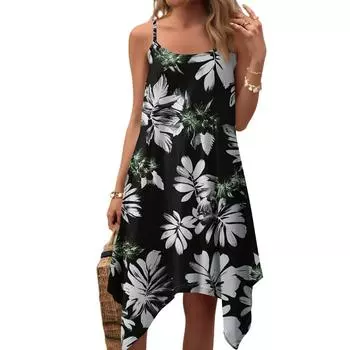 Женское летнее повседневное винтажное платье с цветочным принтом, круглым вырезом, регулируемыми подтяжками и карманами L чёрный