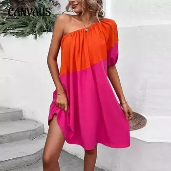 Женское летнее праздничное платье в стиле Collision с разрезом на плече и одним рукавом, свободное платье А-силуэта средней длины S разноцветный
