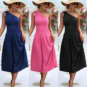 Женское летнее праздничное сплошное платье на одно плечо цельное платье S темно-синий