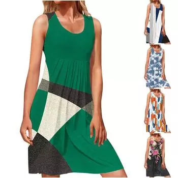 Женское летнее приморское модное повседневное платье без рукавов с круглым вырезом и принтом L синий