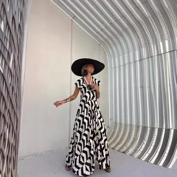 Женское летнее принтованное новое платье свободного покроя с длинной юбкой в геометрическую полоску для женщин S чёрный