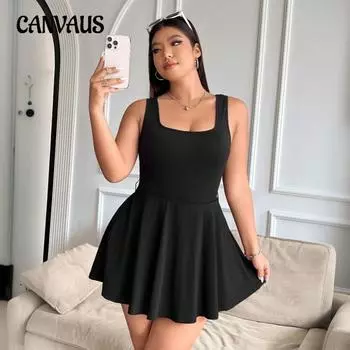 Женское летнее простое элегантное новое короткое платье с квадратным вырезом и бретелью через шею 1XL чёрный