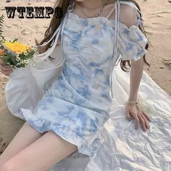 Женское летнее простое элегантное платье неправильной формы с тонкими рюшами и одним словом, короткое удобное пляжное платье на плечо XL