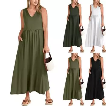 Женское летнее расклешенное макси-платье с V-образным вырезом, без рукавов, повседневный пляжный сарафан с карманами S