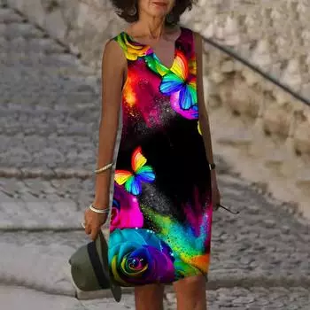 Женское летнее разноцветное платье с v-образным вырезом и бабочкой, повседневное платье без рукавов, модное повседневное свободное сексуальное платье размера плюс XS-8XL XS красный