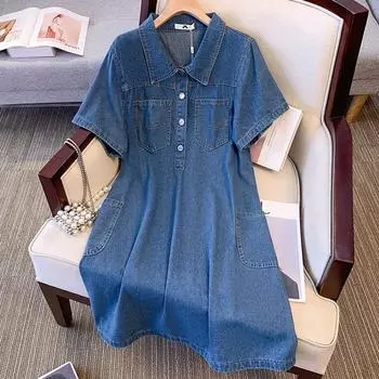 Женское летнее ретро-платье больших размеров из денима, литературные милые длинные платья 6XL синий