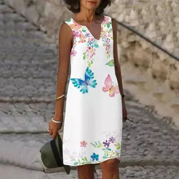 Женское летнее розовое платье с v-образным вырезом и принтом бабочки, повседневное модное платье без рукавов, повседневные свободные сексуальные платья размера плюс XS-8XL XS белый