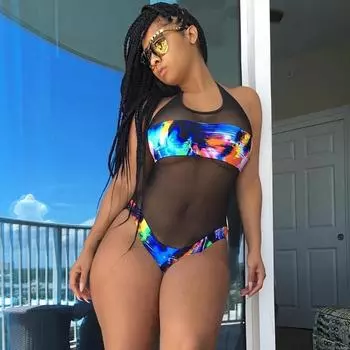 Женское летнее сетчатое лоскутное боди с принтом, тонкий жилет без рукавов с лямкой на шее, узкие женские сиамские трусы S