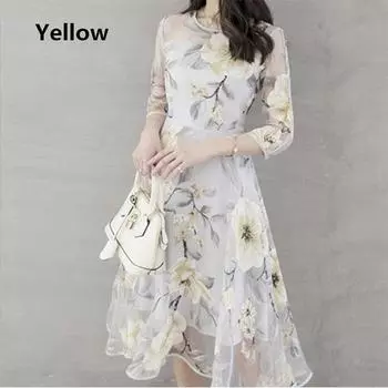 Женское летнее сетчатое платье с круглым вырезом и укороченными рукавами с цветочным принтом 5XL жёлтый