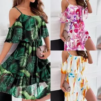 Женское летнее сексуальное элегантное платье на бретельках с открытыми плечами и цветочным принтом, повседневное женское шифоновое пляжное платье в стиле бохо, Vestidos S