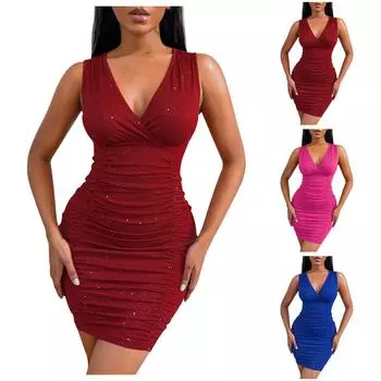 Женское летнее сексуальное блестящее однотонное блестящее платье без рукавов с v-образным вырезом и запахом на бедрах, облегающее платье L синий