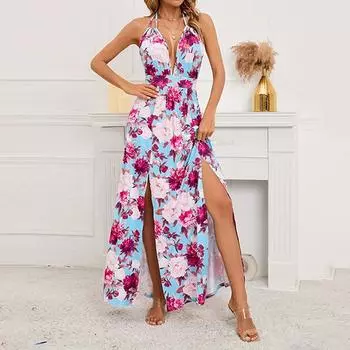 Женское летнее сексуальное длинное платье с открытой спиной и бретельками в богемном стиле с цветочным принтом и высоким разрезом S