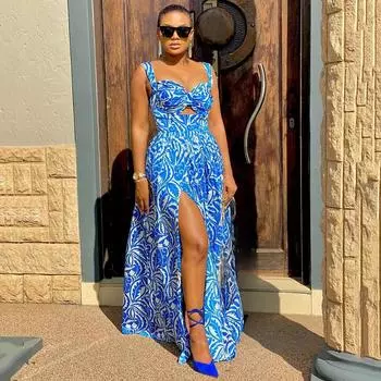 Женское летнее сексуальное длинное платье с разрезом на шее и принтом S синий