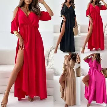 Женское летнее сексуальное длинное платье с V-образным вырезом и открытыми плечами, сарафан для праздничной вечеринки S чёрный