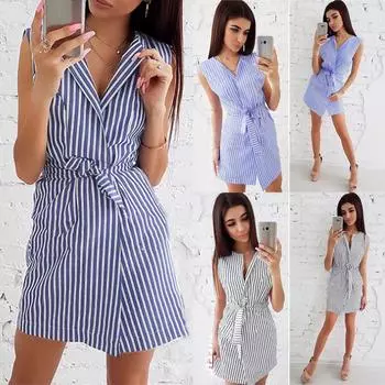 Женское летнее сексуальное короткое мини-платье без рукавов с завязками на поясе для офиса и офиса L