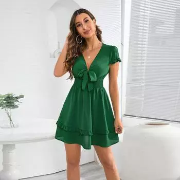 Женское летнее сексуальное кружевное однотонное пляжное платье трапециевидной формы с глубоким V-образным вырезом L чёрный