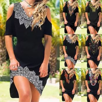 Женское летнее сексуальное платье без бретелек с принтом и коротким рукавом с v-образным вырезом L чёрный