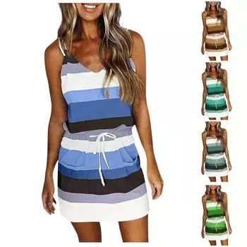 Женское летнее сексуальное платье без бретелек без рукавов с v-образным вырезом и бахромой, пляжное платье от солнца S синий