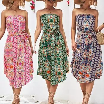 Женское летнее сексуальное платье с принтом в стиле ретро без бретелек на талии S розовый