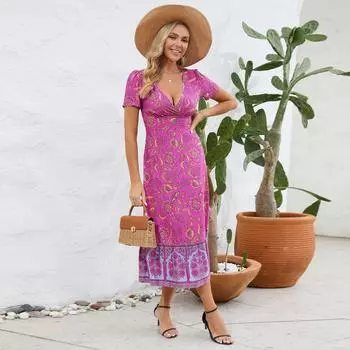 Женское летнее сексуальное платье с коротким рукавом и v-образным вырезом, пляжная винтажная юбка с цветочным принтом S синий