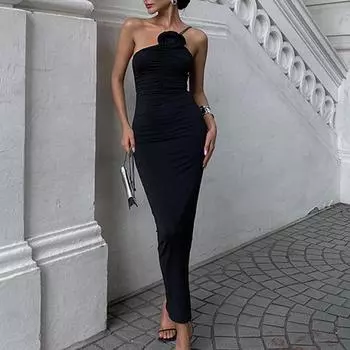 Женское летнее сексуальное платье с открытой спиной на одно плечо, плиссированное, облегающее, темпераментное S чёрный