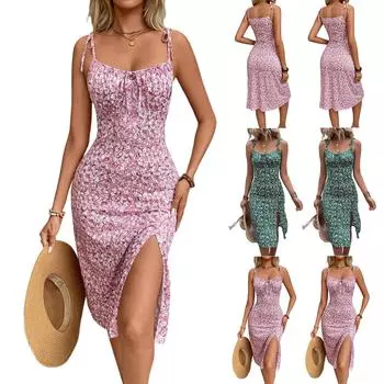 Женское летнее сексуальное платье с подтяжками и цветочным разрезом L зелёный