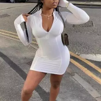 Женское летнее сексуальное платье с длинным рукавом, обтягивающее эластичное платье с воротником-стойкой и застежкой-молнией, повседневные короткие платья для женщин, модное элегантное однотонное женское платье 2544 S белый