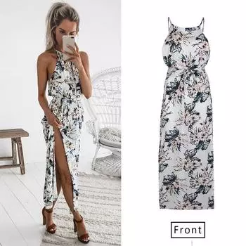 Женское летнее сексуальное платье-туника без рукавов с цветочным принтом и лямкой на бретельках в стиле бохо, пляжное платье M белый