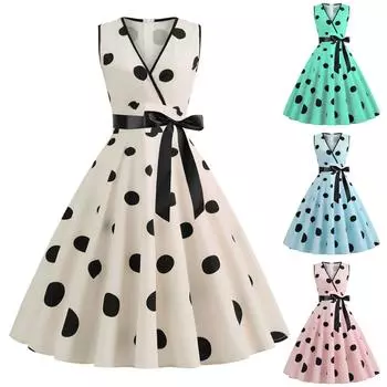Женское летнее сексуальное платье в стиле ретро без рукавов с v-образным вырезом в горошек и черной лентой на талии, большое свободное платье L циан
