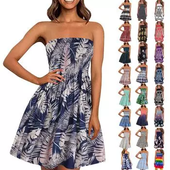 Женское летнее сексуальное пляжное платье без бретелек без рукавов с цветочным принтом в стиле бохо и рюшами L тёмно-синий