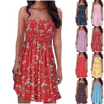 Женское летнее сексуальное пляжное платье без бретелек без рукавов с цветочным принтом в богемном стиле и рюшами L чёрный