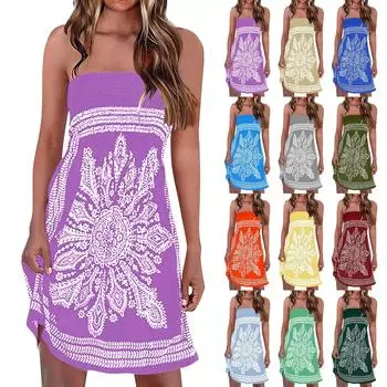 Женское летнее сексуальное пляжное платье без бретелек без рукавов с принтом в стиле бохо и рюшами XXL
