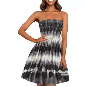 Женское летнее сексуальное пляжное платье без бретелек без рукавов с цветочным принтом в богемном стиле и рюшами M темно-синий