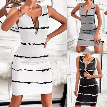 Женское летнее сексуальное повседневное трикотажное платье на молнии с v-образным вырезом в полоску и принтом M чёрный