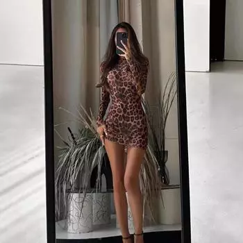 Женское летнее сексуальное сетчатое платье с леопардовым принтом и длинными рукавами S цветной печати леопарда