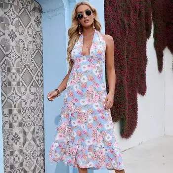 Женское летнее сексуальное шифоновое платье макси с глубоким V-образным вырезом без рукавов и открытой спиной в богемном стиле, S-XL S чёрный