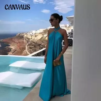 Женское летнее сексуальное темпераментное атласное платье-халат с открытыми плечами для вечеринок и путешествий S синий