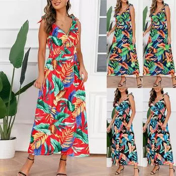 Женское летнее сексуальное темпераментное платье без рукавов с v-образным вырезом и принтом в богемном стиле XXL синий