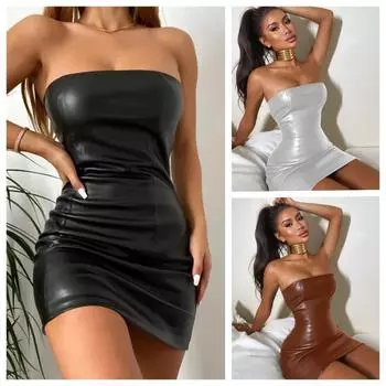 Женское летнее сексуальное вечернее облегающее платье без бретелек из искусственной кожи, облегающее черное мини-платье, сарафан, женская одежда S чёрный