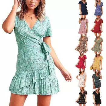 Женское летнее сексуальное винтажное платье с оборками и коротким рукавом, бандажное вечернее платье с принтом S красный/белый