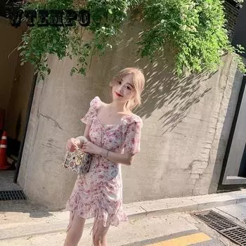 Женское летнее шифоновое короткое платье с рюшами, элегантной талией и тонким шнурком с цветочным принтом XL