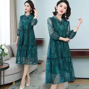 Женское летнее шифоновое платье больших размеров с принтом, свободное сетчатое платье трапециевидной формы XXL красный