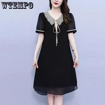 Женское летнее шифоновое платье трапециевидной формы с уменьшенным возрастом, дизайнерское свободное кружевное платье с кукольным воротником L чёрный