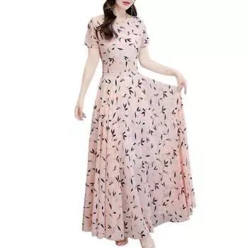 Женское летнее шифоновое струящееся макси-платье, повседневное платье А-силуэта с коротким рукавом и круглым вырезом, длинное платье с цветочным принтом, пляжный сарафан в стиле бохо XL розовый
