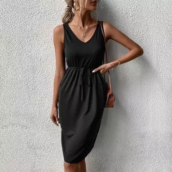 Женское летнее шикарное платье без рукавов сплошного цвета с V-образным вырезом на шнуровке S чёрный