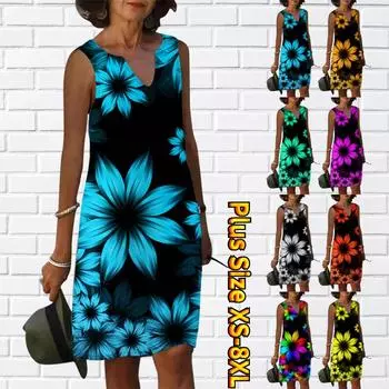 Женское летнее синее флуоресцентное платье с V-образным вырезом и большим цветочным принтом, повседневное модное платье без рукавов, повседневные свободные сексуальные платья размера плюс XS-8XL XS синий